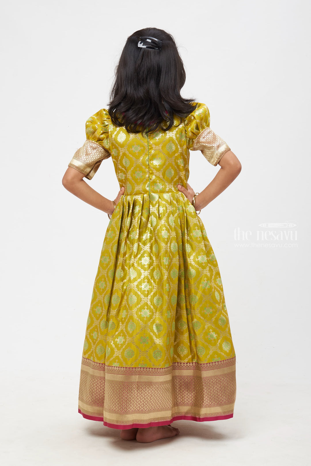 The Nesavu Silk Gown Emerald Elegance: Zari Floral & Knife Pleated Jacquard Banarasi Silk Gown for Girls Nesavu Designer Banarasi Anarkali Suits | Elegant Churidar Anarkali Online | The Nesavu