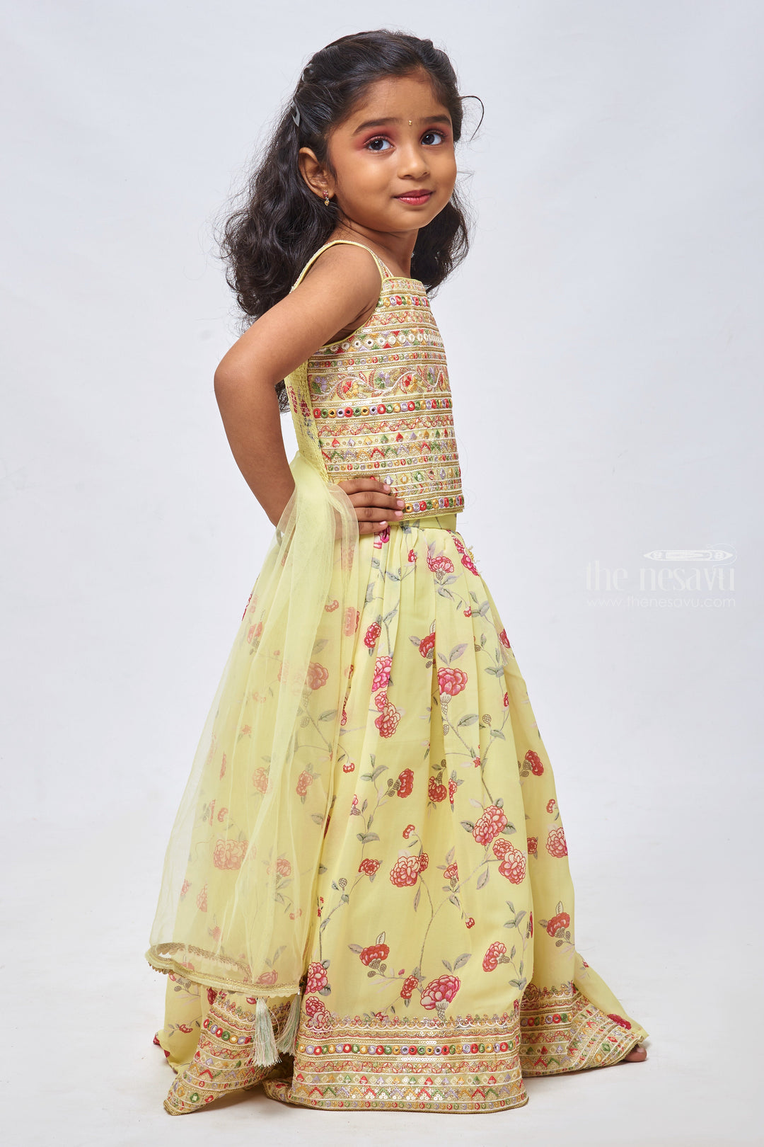 The Nesavu Girls Lehenga Choli Emerald Enchantment: Faux Mirror & Sequin Embellished Top with Floral Designer Green Lehenga for Girls Nesavu Designer Kids Lehenga Set with Dupatta | Elegant Girls Ethnic Lehenga | The Nesavu