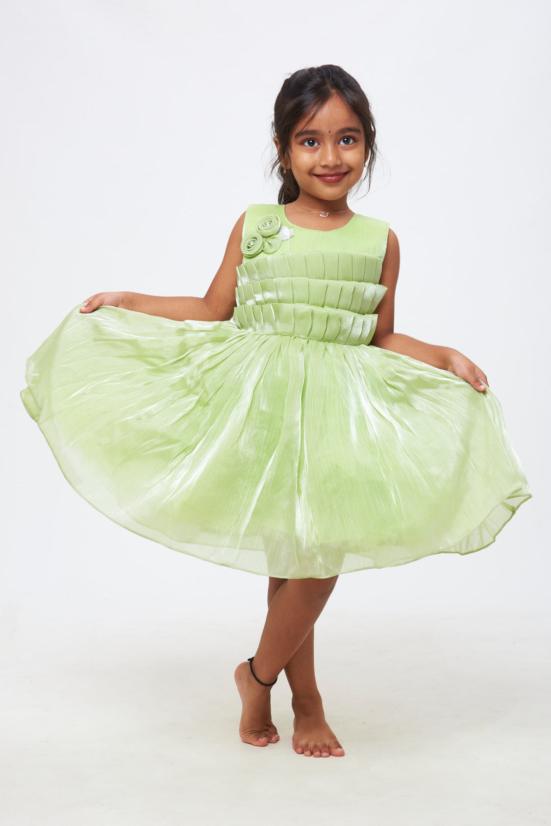 The Nesavu Girls Fancy Party Frock Emerald Enchantment: Girls Soft Green Tulle Dress with Rosette Accents Nesavu 16 (1Y) / Green / Satin Organza PF155C-16 Elegance at Every Event | Girls Designer Party Frocks | The Nesavu