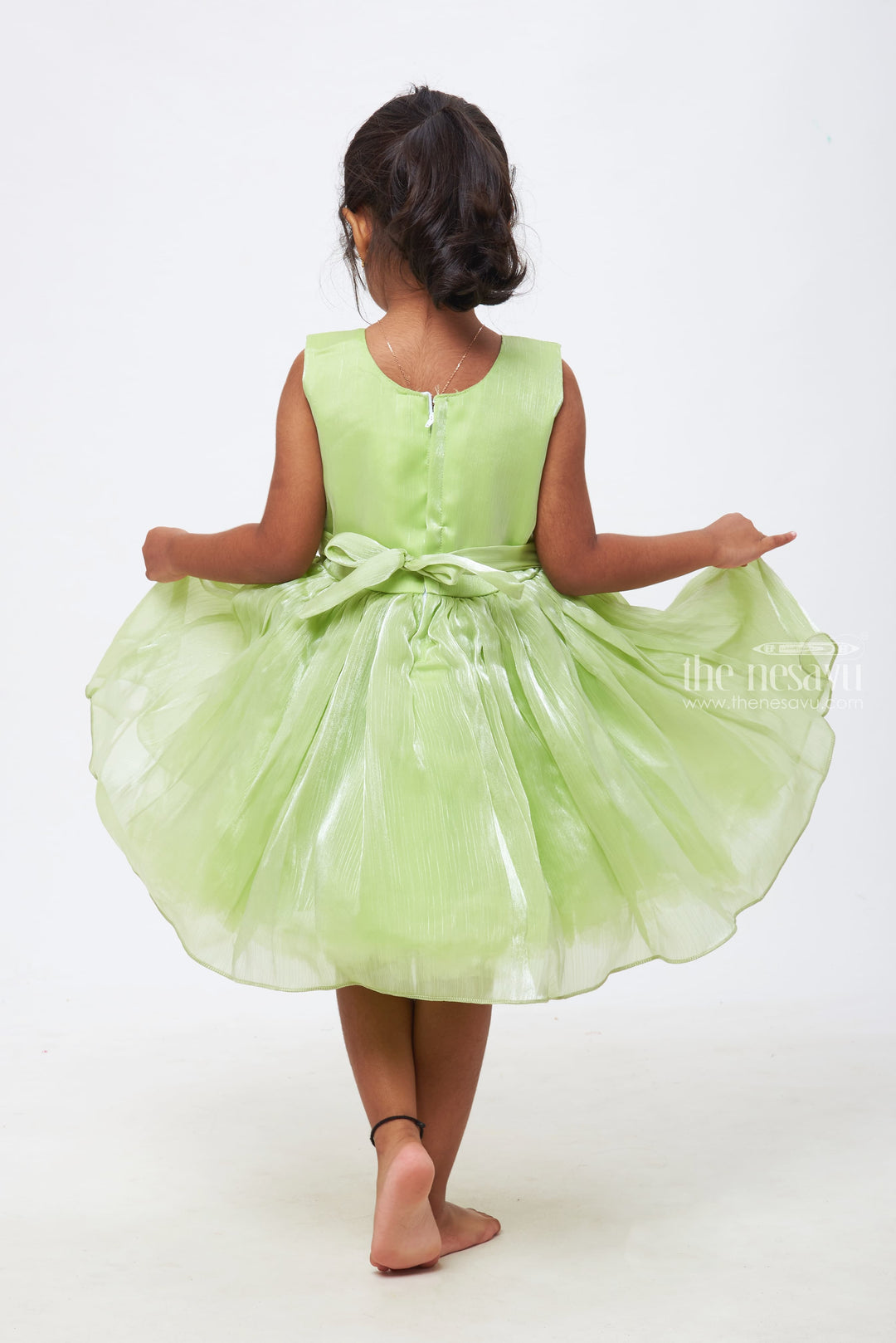 The Nesavu Girls Fancy Party Frock Emerald Enchantment: Girls Soft Green Tulle Dress with Rosette Accents Nesavu Elegance at Every Event | Girls Designer Party Frocks | The Nesavu