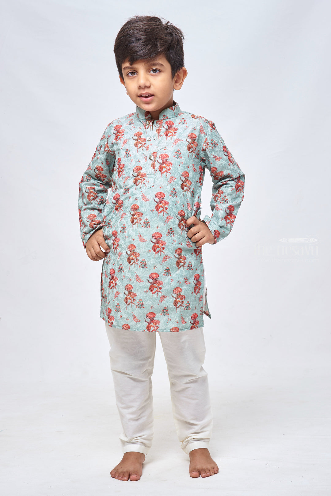 The Nesavu Boys Kurtha Set Emerald Enchantment: Green Floral-Embroidered Kurta with Coordinated Pant for Boys Nesavu 12 (3M) / Green / Silk Blend BES384A-12 Discover Exclusive | Premium Boys Kurta Collections | The Nesavu