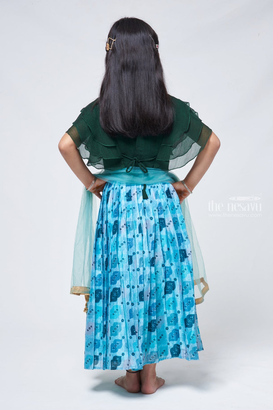 The Nesavu Lehenga & Ghagra Emerald Enchantment Rhinestone Green Top & Embroidered Blue Ghagra for Girls Nesavu Embroidered Lehenga for Girls | Festive Wear for Girls | the Nesavu