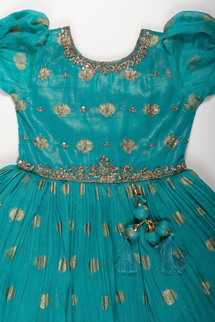 The Nesavu Girls Silk Gown Emerald Enchantment: Silk Anarkali Gown for Girls' Ugadi Celebrations Nesavu Festive Green Silk Anarkali Gown for Girls | Traditional Elegance | The Nesavu
