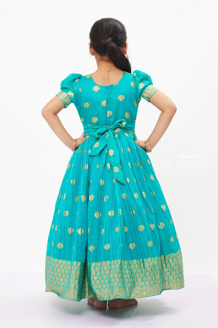 The Nesavu Girls Silk Gown Emerald Enchantment: Silk Anarkali Gown for Girls' Ugadi Celebrations Nesavu Festive Green Silk Anarkali Gown for Girls | Traditional Elegance | The Nesavu