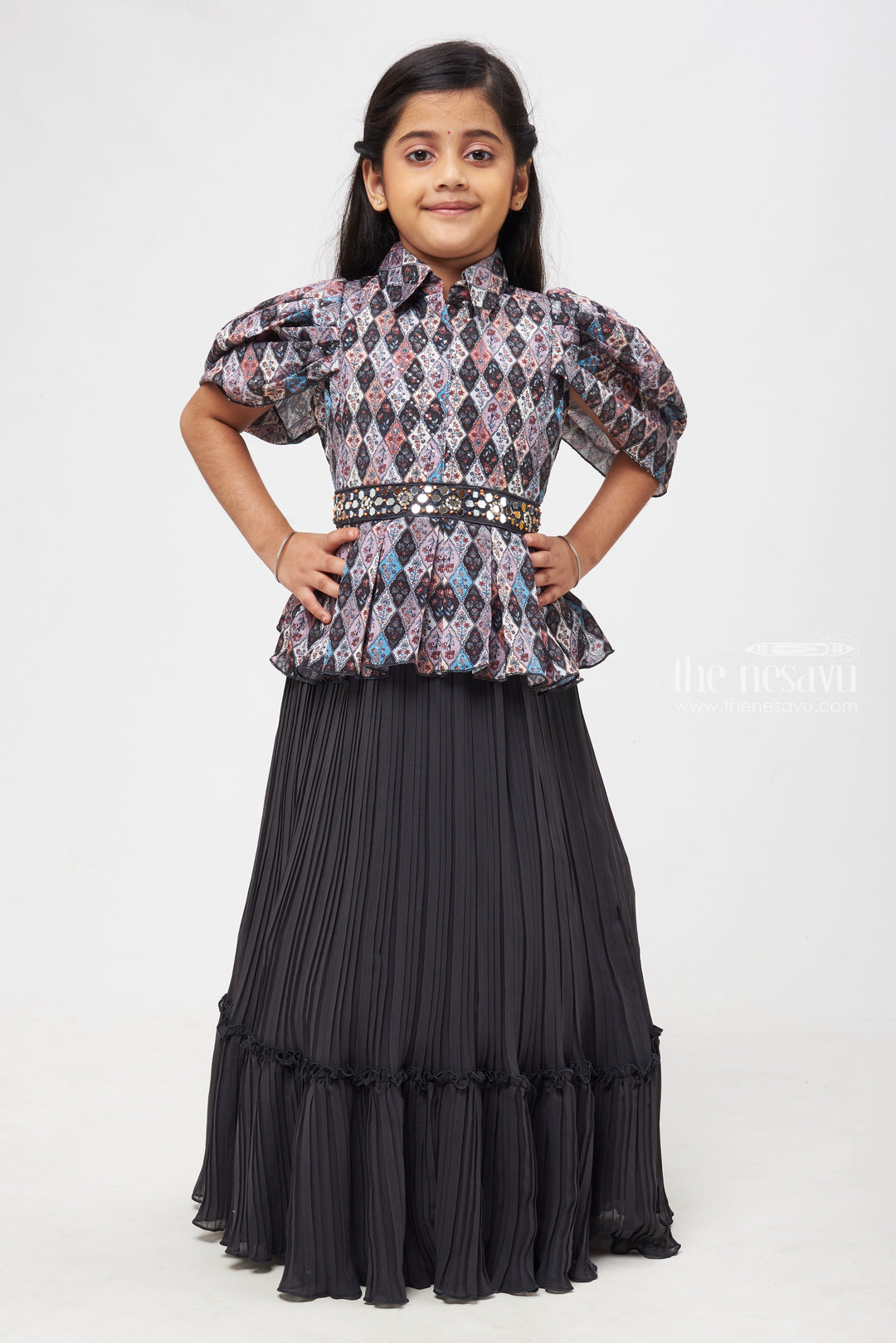 The Nesavu Girls Casual Gown Emerald Ensemble: Geometric Floral Printed Top with Pleated Palazo Pants for Girls- Stylish and Modern Gowns Nesavu 20 (3Y) / Gray / Georgette GA170B-20 Anarkali Ethnic Fashion Trend | Elegant Anarkali Dress for Festive | The Nesavu
