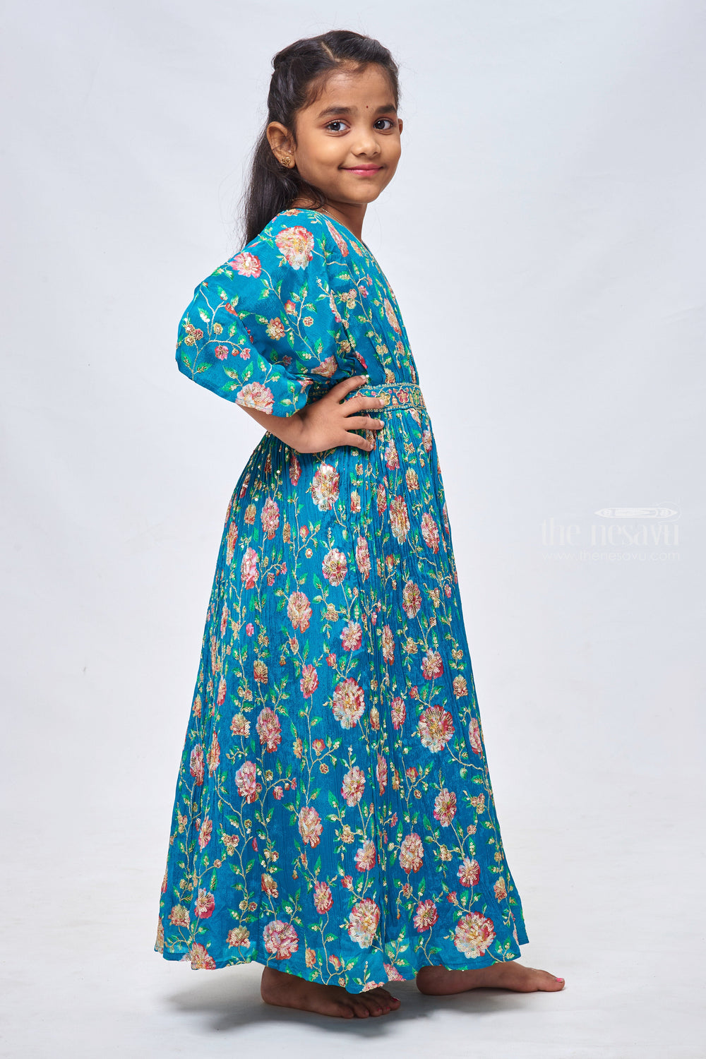 The Nesavu Girls Party Gown Emerald Green Sequin Floral Radiance: Designer Anarkali Elegance for Little Divas Nesavu Anarkali Dress Online Shopping | Floral Designer Anarkali Dresses | the Nesavu