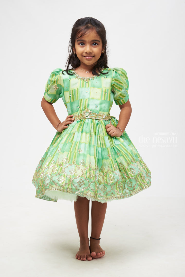 The Nesavu Silk Party Frock Emerald Radiance Girls Dress with Golden Embellishments - Designer Silk Frocks for Festives Nesavu 18 (2Y) / Green / Silk Blend SF714B-18 Premium Pattu Gowns | Best Silk Frocks for Diwali Online | The Nesavu