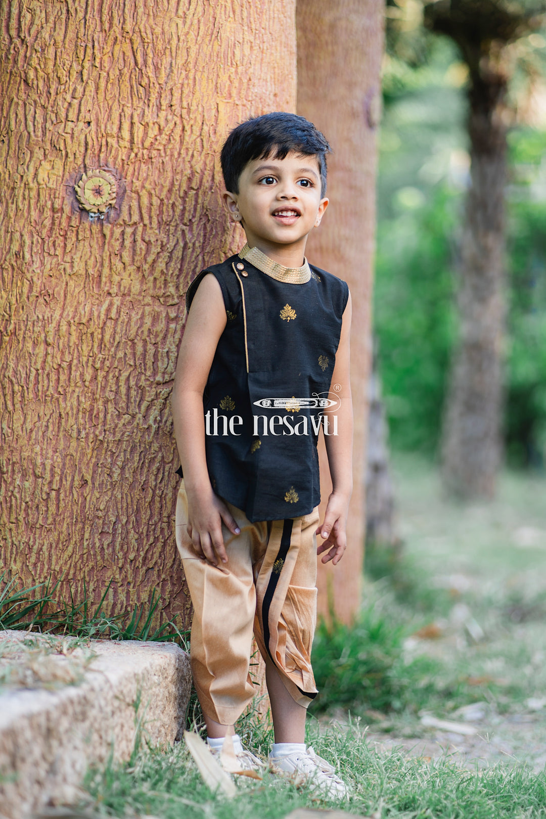 The Nesavu Boys Dothi Set Emerald Threads: Boys Green Kurta & Beige Dhotitraditional Butta Embroidery Nesavu 20 (3Y) / Black BES359A-20 Traditional Boys Clothing | The Nesavu