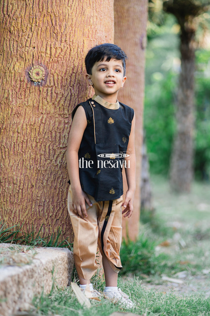 The Nesavu Boys Dothi Set Emerald Threads: Boys Green Kurta & Beige Dhotitraditional Butta Embroidery Nesavu 20 (3Y) / Black BES359A-20 Traditional Boys Clothing | The Nesavu