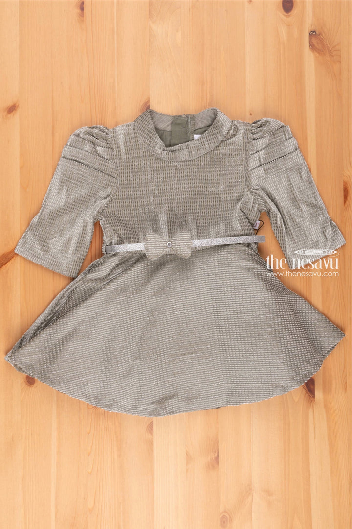 The Nesavu Girls Fancy Frock Emerald Velvet Glamour High Necked Cowl Sleeve Belted Frock for Girls Nesavu 14 (6M) / Green / Velvet GFC1143A-14 Luxurious High Necked Cowl Sleeve Frock With Belt | Elegant Stylish Frock | the Nesavu