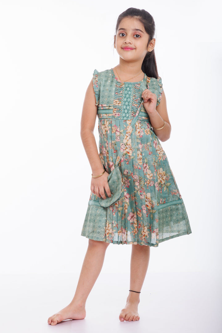 The Nesavu Girls Cotton Frock Enchanted Bloom: Girls Enchanting Cotton Frock with Floral Accents Nesavu 22 (4Y) / Green / Blend Silk GFC1296A-22 Buy the Latest Toddler Cotton Frock Designs | Perfect Summer Wardrobe Addition | The Nesavu