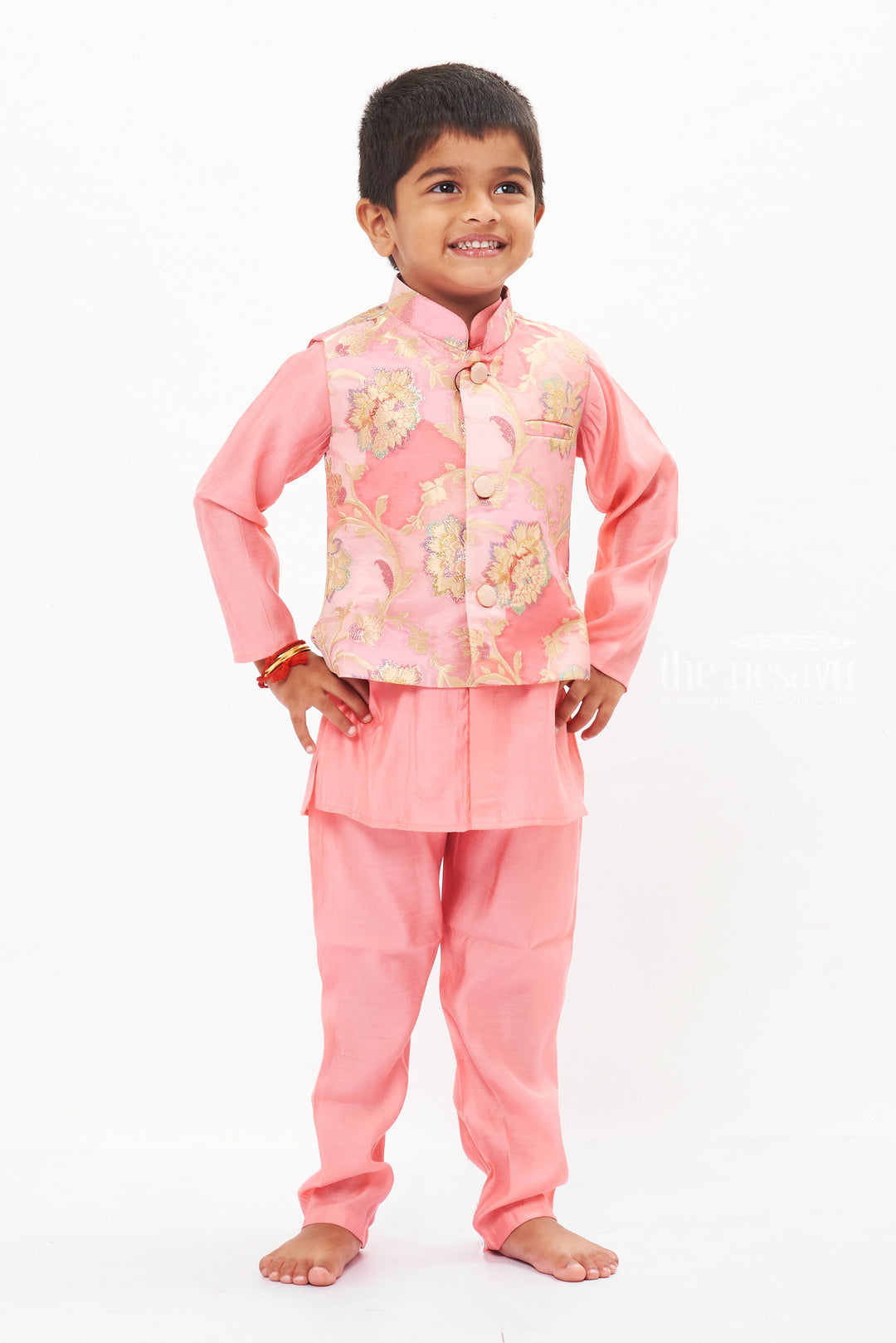 The Nesavu Boys Jacket Sets Enchanted Blossom Boys Pink Kurta with Floral Jacket Set Nesavu 14 (6M) / Pink / Blend Silk BES512A-14 Boys Pink Floral Jacket Kurta Set | Elegant Festive Wear | The Nesavu