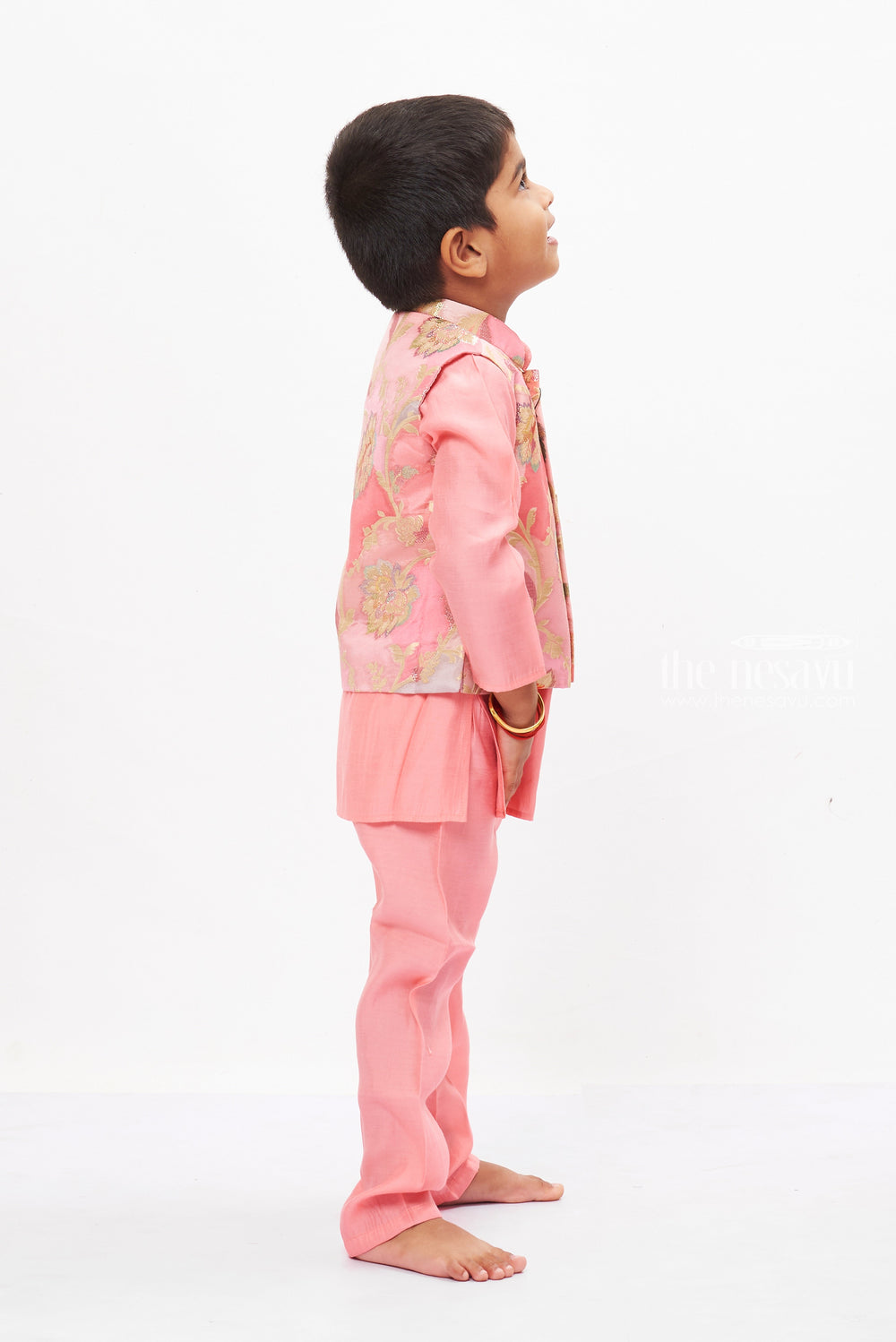 The Nesavu Boys Jacket Sets Enchanted Blossom Boys Pink Kurta with Floral Jacket Set Nesavu Boys Pink Floral Jacket Kurta Set | Elegant Festive Wear | The Nesavu