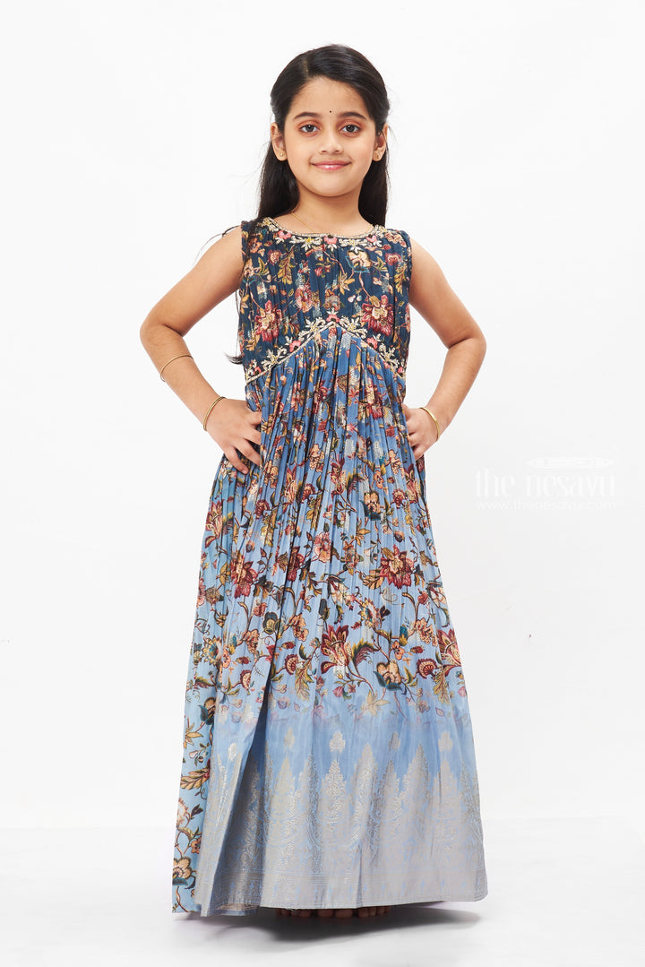 The Nesavu Girls Party Gown Enchanted Blue A-Line Anarkali Gown for Girls - Festive Elegance Nesavu 24 (5Y) / Gray GA205A-24 Designer Blue Anarkali Gown for Girls | Festive & Wedding Wear | The Nesavu