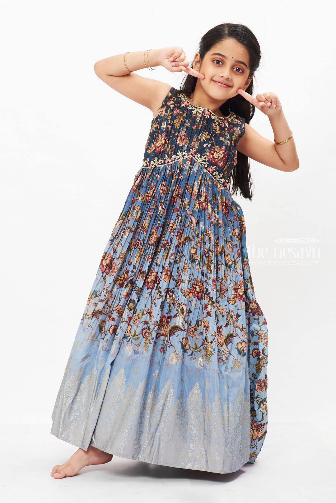 The Nesavu Girls Party Gown Enchanted Blue A-Line Anarkali Gown for Girls - Festive Elegance Nesavu Designer Blue Anarkali Gown for Girls | Festive & Wedding Wear | The Nesavu