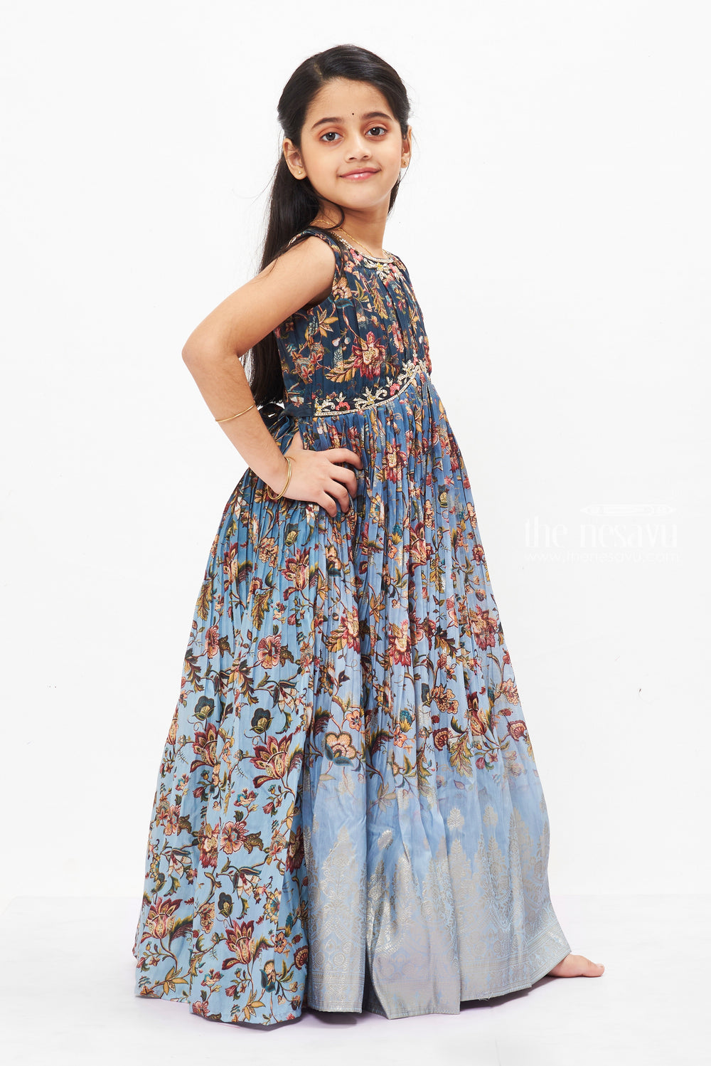 The Nesavu Girls Party Gown Enchanted Blue A-Line Anarkali Gown for Girls - Festive Elegance Nesavu Designer Blue Anarkali Gown for Girls | Festive & Wedding Wear | The Nesavu