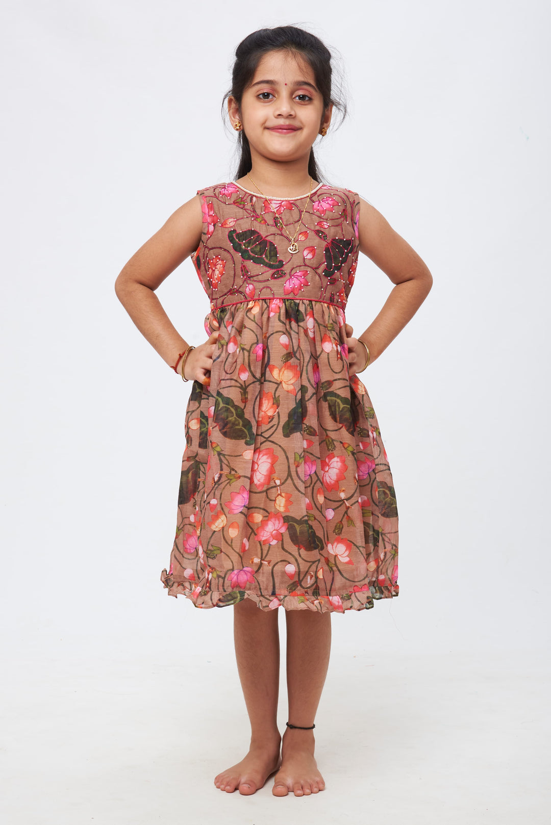The Nesavu Girls Cotton Frock Enchanted Brown Blossom Tulle Dress - Ethereal Floral Kids Cotton Frock Nesavu 16 (1Y) / Brown / Chanderi GFC1170A-16 Everyday Elegance for Her | Girls Daily Wear Cotton Frocks | The Nesavu