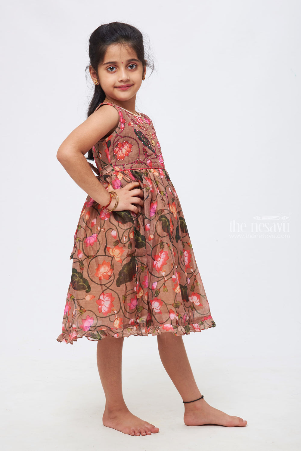 The Nesavu Girls Cotton Frock Enchanted Brown Blossom Tulle Dress - Ethereal Floral Kids Cotton Frock Nesavu Everyday Elegance for Her | Girls Daily Wear Cotton Frocks | The Nesavu