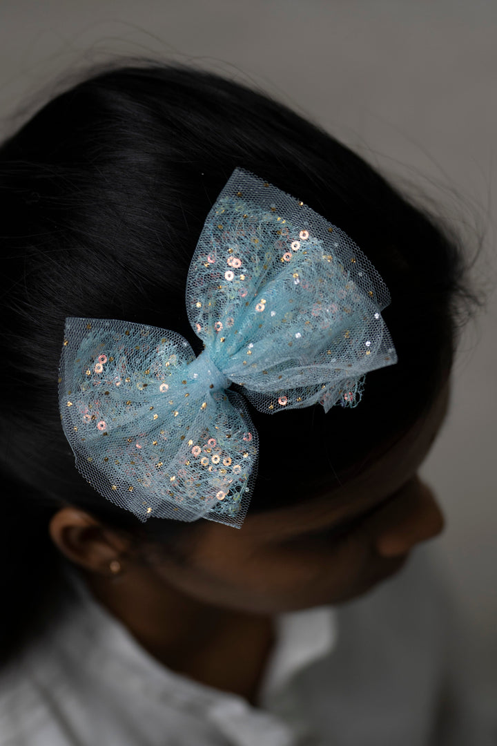 The Nesavu Hair Clip Enchanted Dust Tulle Sequin Bow Clip Nesavu Blue JHCL70C Girls Enchanted Tulle Sequin Bow Clip | Perfect Accessory for Every Occasion | The Nesavu