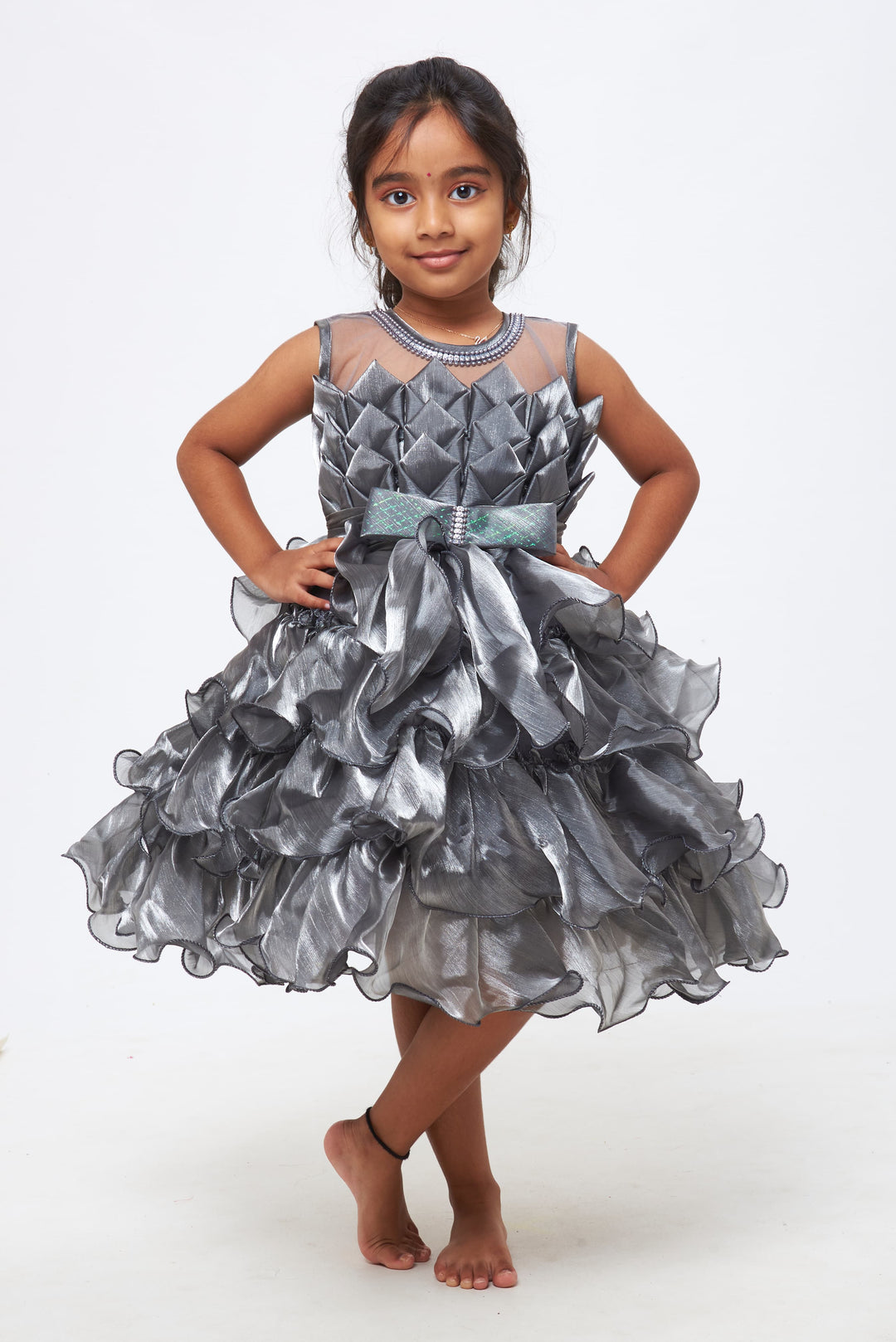 The Nesavu Girls Fancy Party Frock Enchanted Elegance: Girls Charcoal Gray Ruffled Dress with Embellished Waistband Nesavu 16 (1Y) / Gray / Satin Organza PF157A-16 Let Her Shine Bright | Glamorous Party Frocks for Girls | The Nesavu.