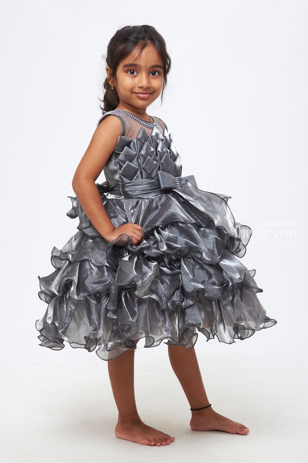 The Nesavu Girls Fancy Party Frock Enchanted Elegance: Girls Charcoal Gray Ruffled Dress with Embellished Waistband Nesavu Let Her Shine Bright | Glamorous Party Frocks for Girls | The Nesavu.