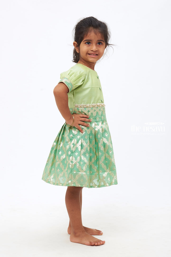 The Nesavu Silk Frock Enchanted Emerald Ensemble: Stone & Bead Adornments Silk Frock for Girls Nesavu 16 (1Y) / Green / Chanderi SF717C-16 Soft Silk Baby Dress for Weddings | Premium Festive Ensemble | The Nesavu