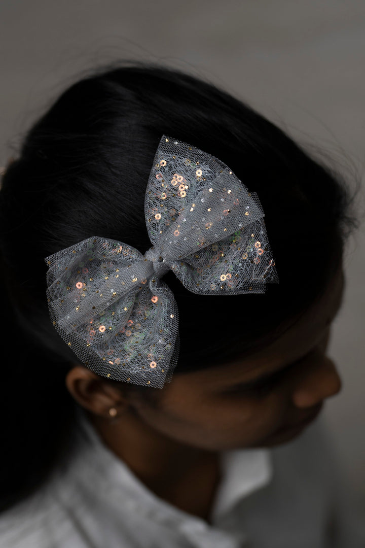 The Nesavu Hair Clip Enchanted Evening Sequin Tulle Hair Bow for Girls Nesavu Gray JHCL70E Girls Sequined Tulle Hair Bow | Enchanted Evening Accessory | The Nesavu