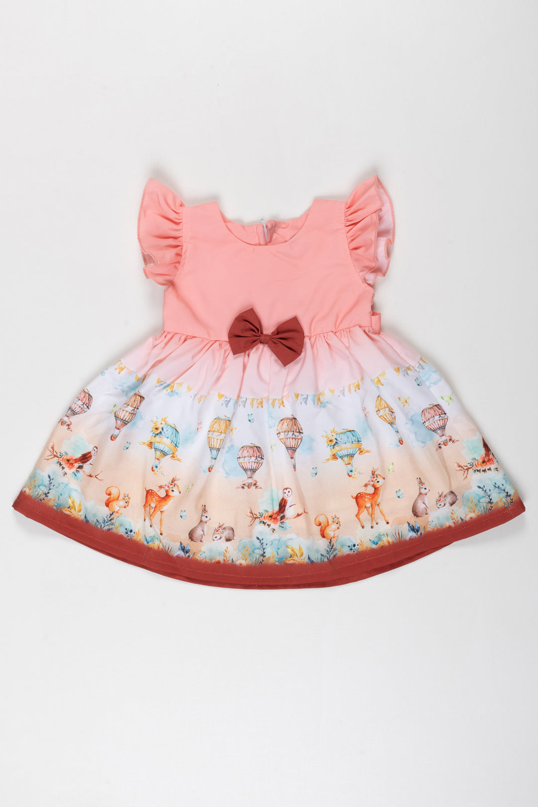 The Nesavu Baby Fancy Frock Enchanted Forest Adventure Baby Girl Frock with Hot Air Balloon Imagery Nesavu 14 (6M) / Pink / Poly Crepe BFJ545A-14 Discover the Magic of Storytime with Our Woodland Balloon Baby Frock | The Nesavu