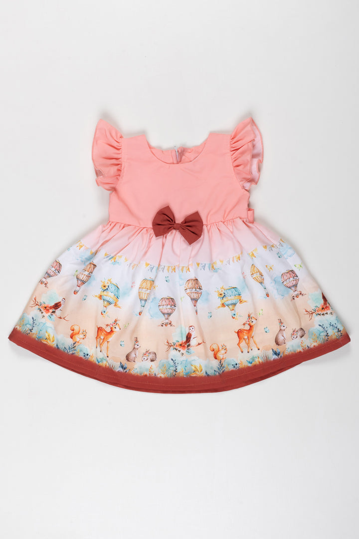 The Nesavu Baby Fancy Frock Enchanted Forest Adventure Baby Girl Frock with Hot Air Balloon Imagery Nesavu 14 (6M) / Pink / Poly Crepe BFJ545A-14 Discover the Magic of Storytime with Our Woodland Balloon Baby Frock | The Nesavu
