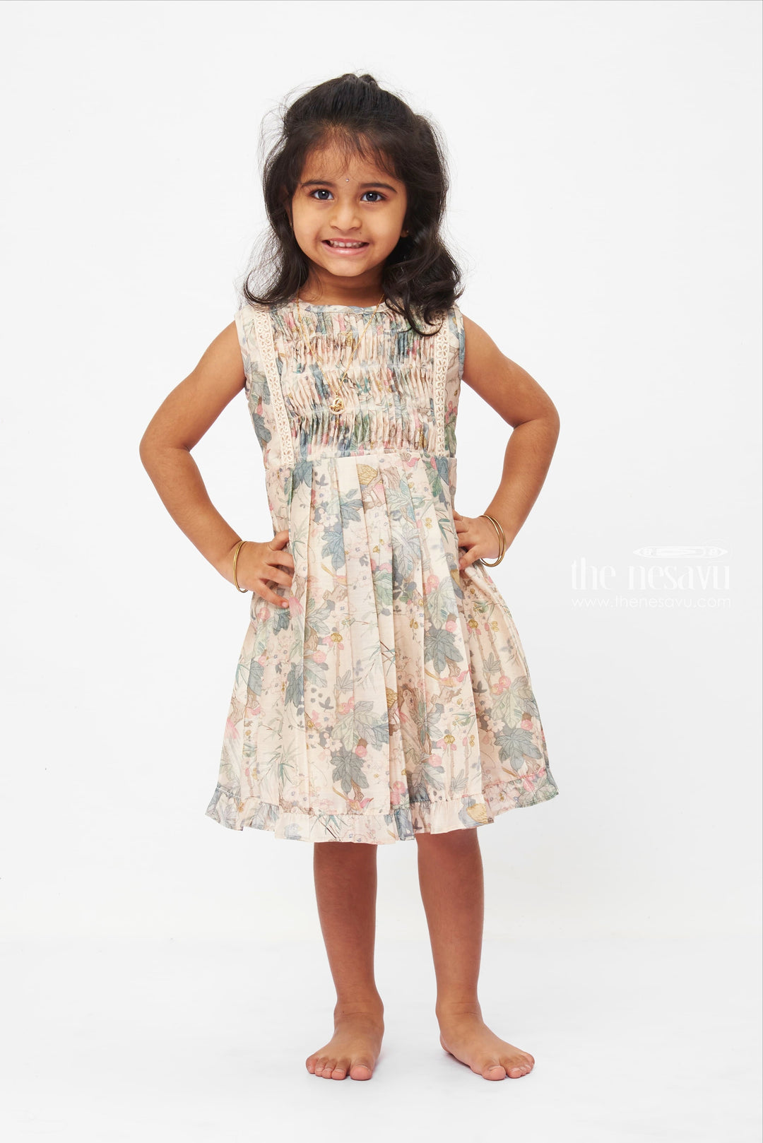 The Nesavu Girls Cotton Frock Enchanted Forest Frolic Dress: Whimsical Bird & Foliage Print Frock for Girls Nesavu 12 (3M) / Half white GFC1204A-12 Girls Storybook Bird Print Dress | Lace Trimmed Foliage Frock | Magical Everyday Wear | The Nesavu