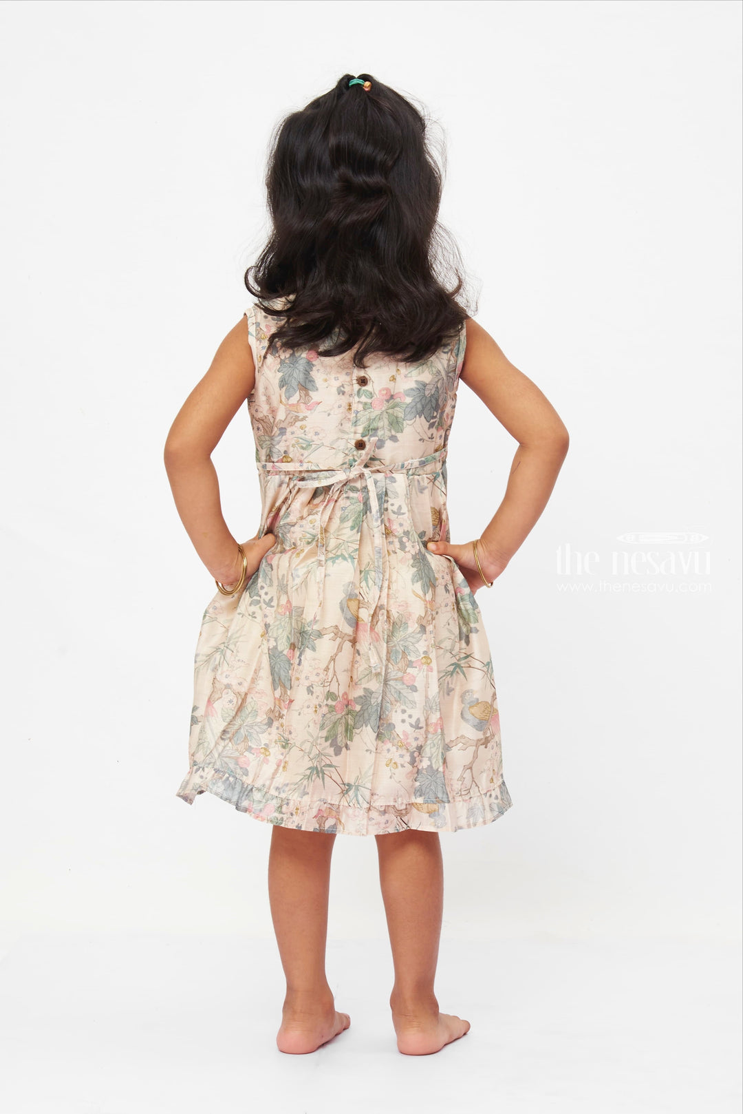 The Nesavu Girls Cotton Frock Enchanted Forest Frolic Dress: Whimsical Bird & Foliage Print Frock for Girls Nesavu Girls Storybook Bird Print Dress | Lace Trimmed Foliage Frock | Magical Everyday Wear | The Nesavu