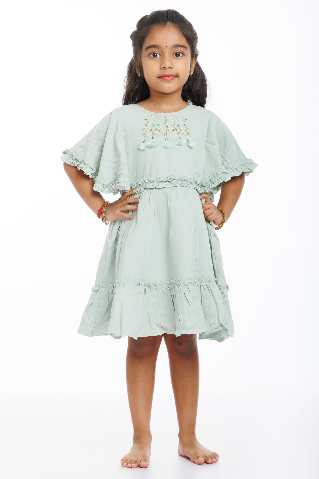 The Nesavu Girls Cotton Frock Enchanted Forest Green Cotton Frock for Little Girls Nesavu 18 (2Y) / Green / Cotton GFC1301C-18 Buy Girls Green Embroidered Cotton Frock | Exclusive Daily Wear Designs | The Nesavu