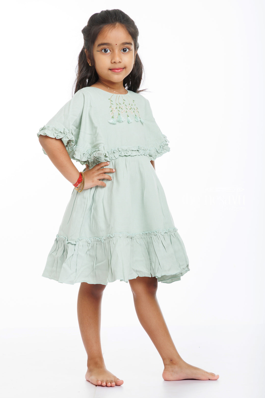 The Nesavu Girls Cotton Frock Enchanted Forest Green Cotton Frock for Little Girls Nesavu Buy Girls Green Embroidered Cotton Frock | Exclusive Daily Wear Designs | The Nesavu