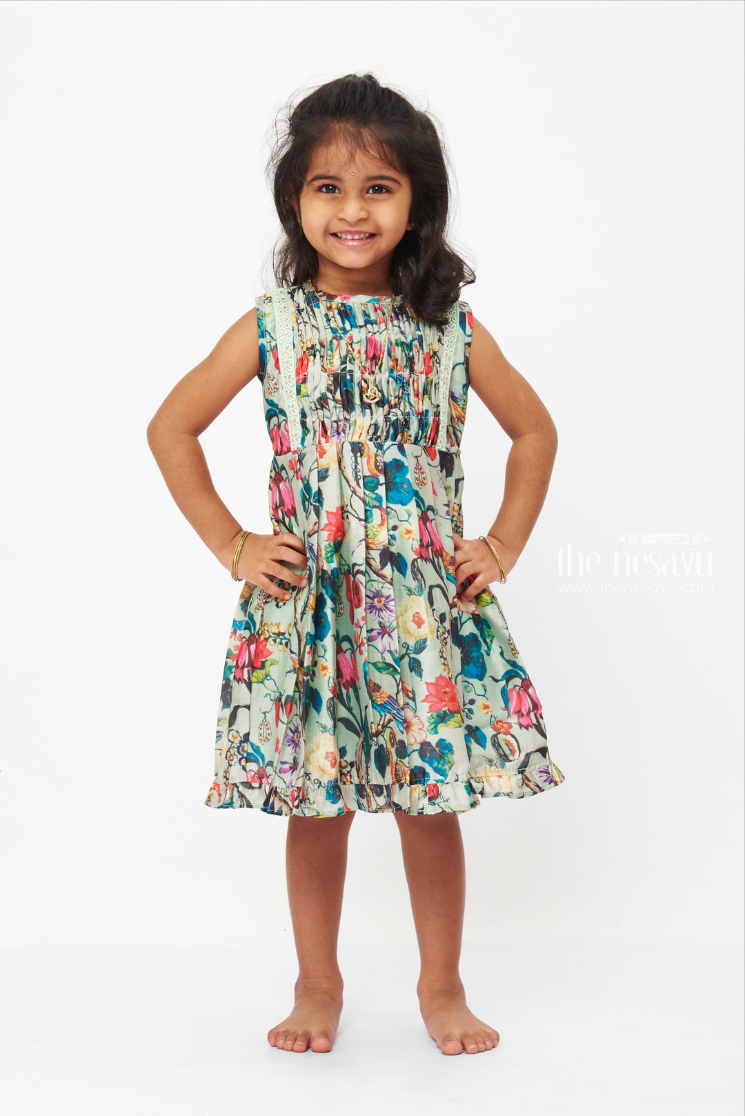 The Nesavu Girls Cotton Frock Enchanted Garden Cotton Dress: Exotic Floral Print Frock for Girls with Lace Details Nesavu 12 (3M) / Green GFC1194A-12 Girls Teal Exotic Floral Lace Dress | Summer Garden Party Frock | Playful Cotton Wear | The Nesavu