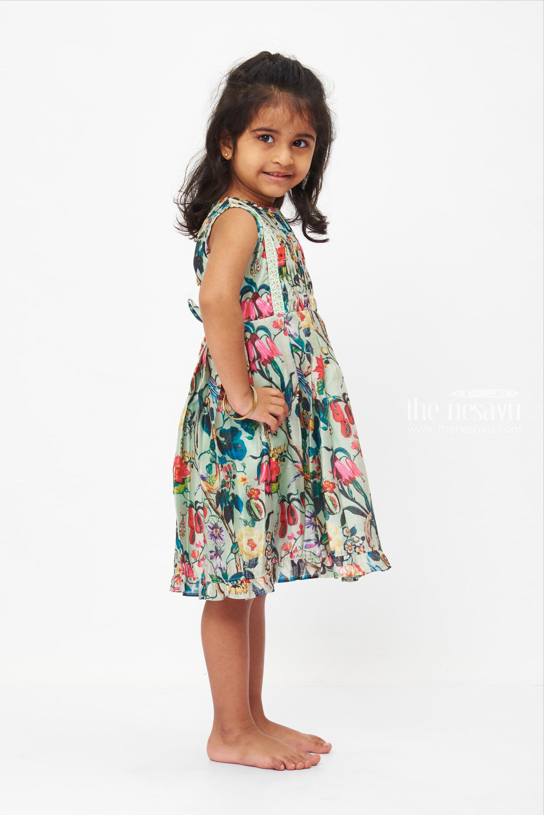 The Nesavu Girls Cotton Frock Enchanted Garden Cotton Dress: Exotic Floral Print Frock for Girls with Lace Details Nesavu Girls Teal Exotic Floral Lace Dress | Summer Garden Party Frock | Playful Cotton Wear | The Nesavu