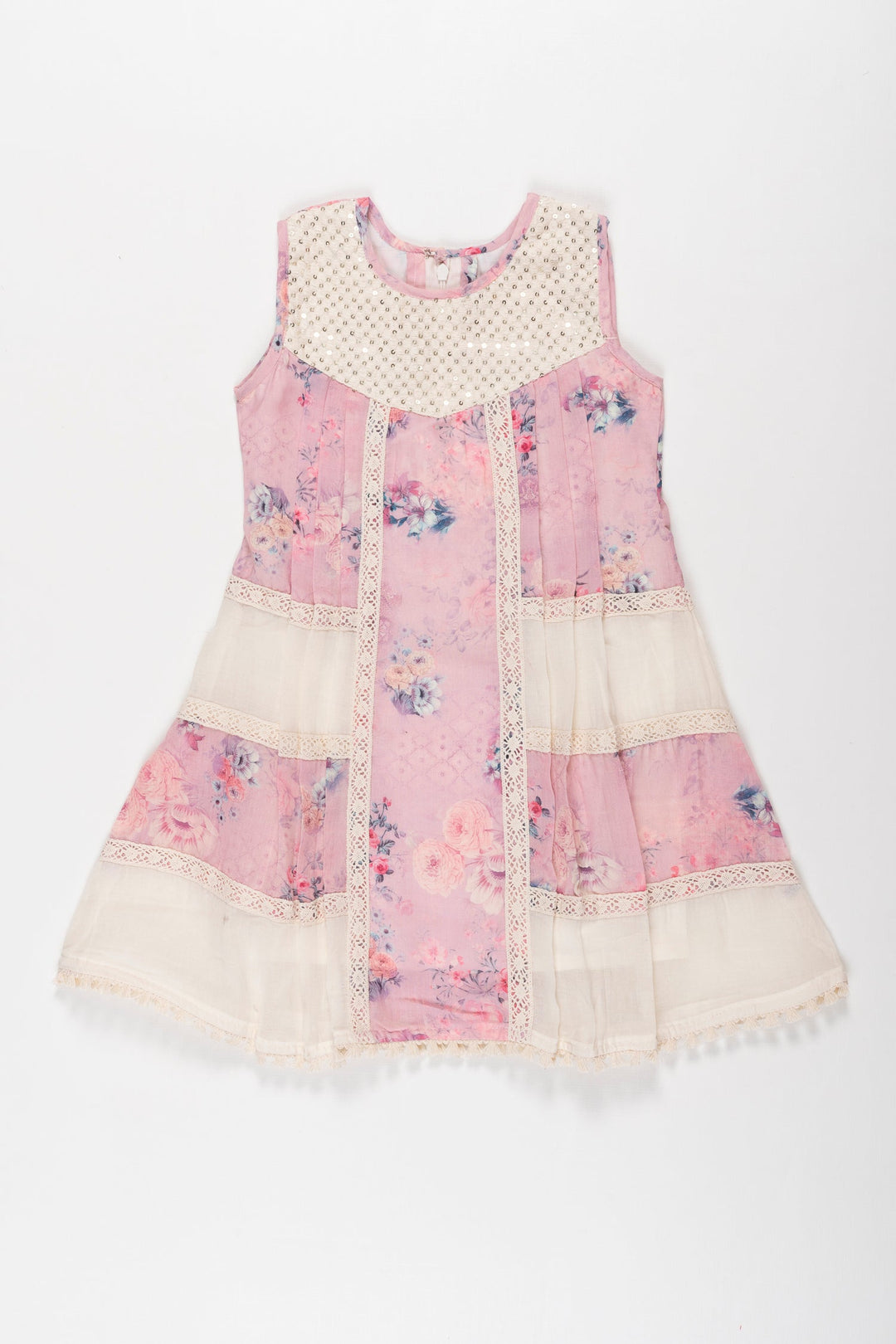 The Nesavu Girls Fancy Frock Enchanted Garden: Girls Airy Cotton Frock with Pastel Floral Design Nesavu 22 (4Y) / Pink / Cotton GFC1290A-22 Buy Pastel Floral Cotton Frock for Girls | Perfect for Summer Elegance | The Nesavu