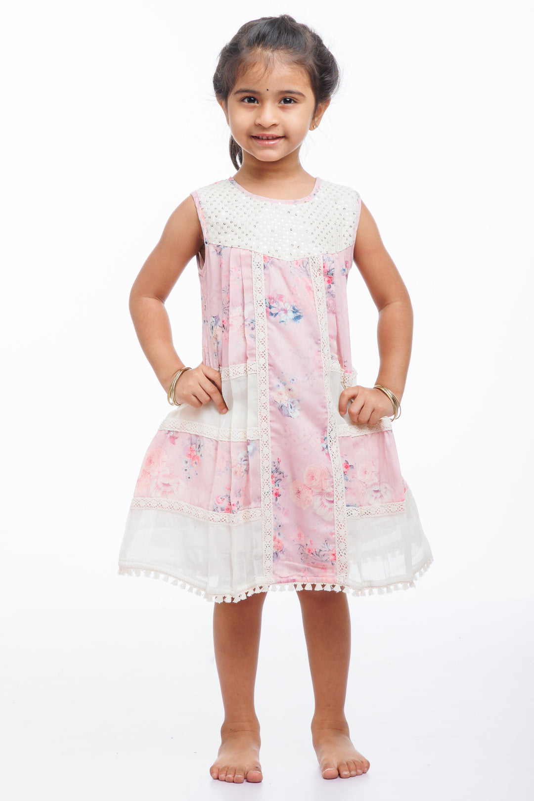 The Nesavu Girls Fancy Frock Enchanted Garden: Girls Airy Cotton Frock with Pastel Floral Design Nesavu 22 (4Y) / Pink / Cotton GFC1290A-22 Buy Pastel Floral Cotton Frock for Girls | Perfect for Summer Elegance | The Nesavu