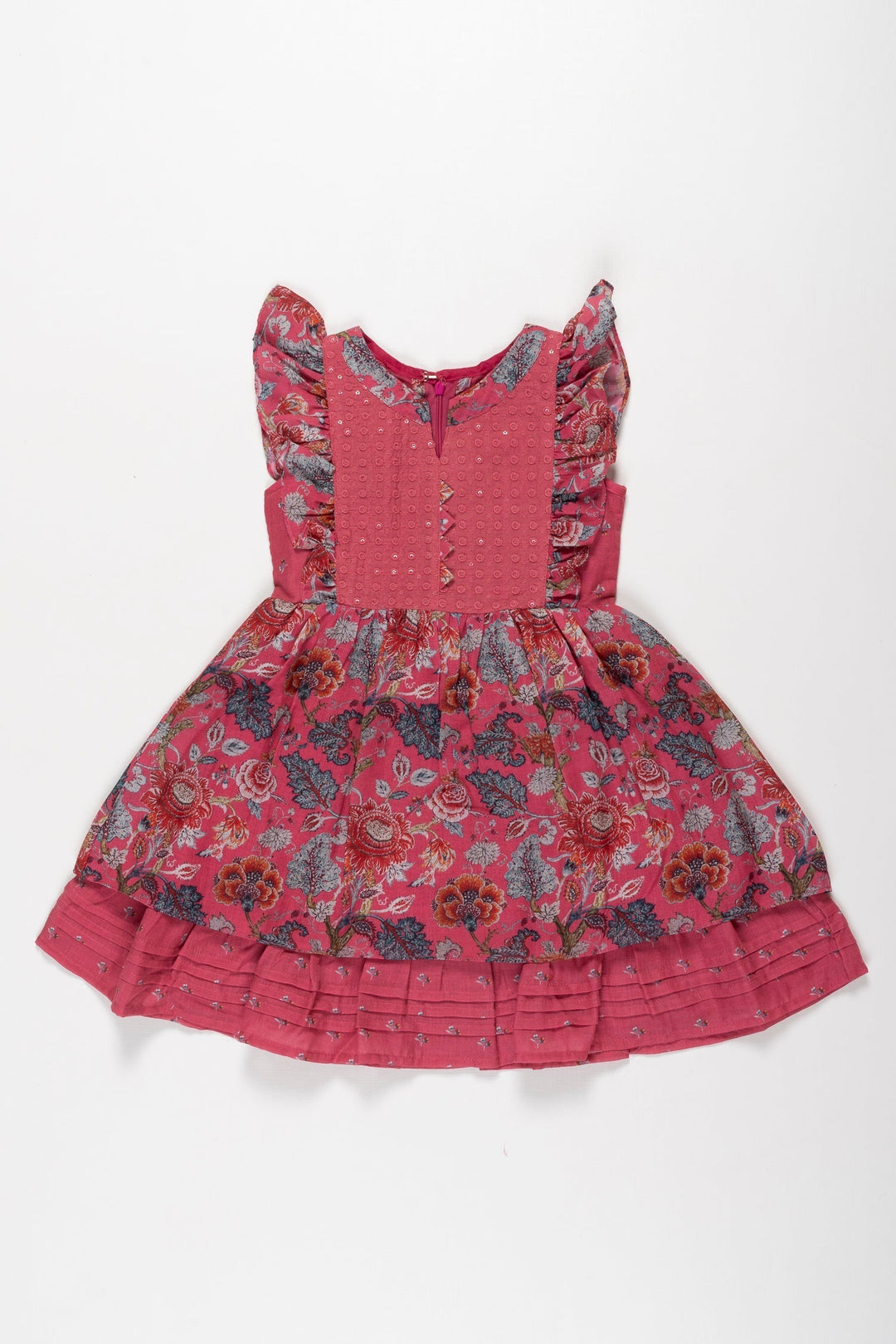 The Nesavu Girls Cotton Frock Enchanted Garden: Girls Floral Textured Cotton Frock with Flutter Sleeves Nesavu 22 (4Y) / Pink / Cotton GFC1293B-22 Burgundy Floral Girls Cotton Frock | Perfect for Every Occasion | The Nesavu