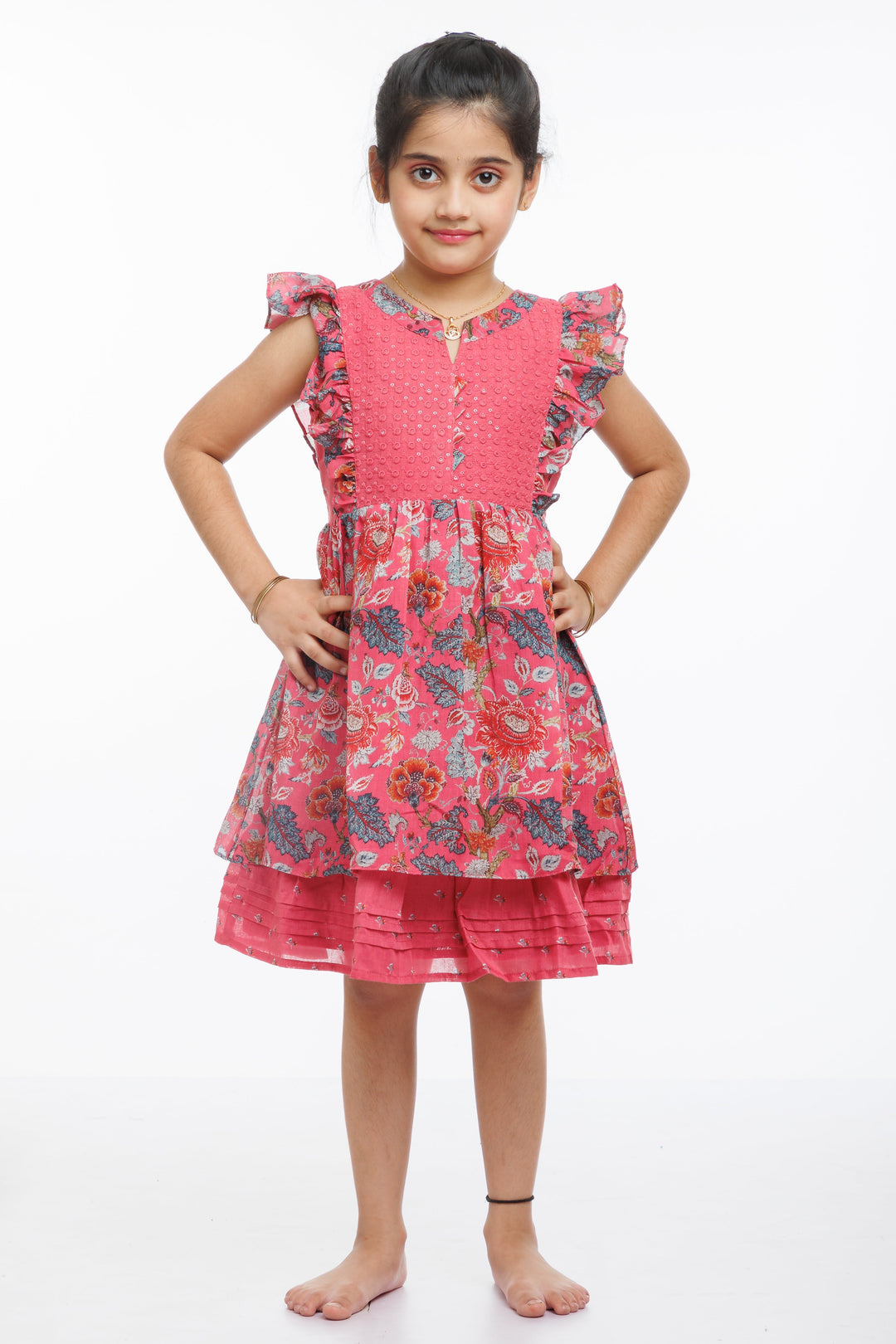 The Nesavu Girls Cotton Frock Enchanted Garden: Girls Floral Textured Cotton Frock with Flutter Sleeves Nesavu 22 (4Y) / Pink / Cotton GFC1293B-22 Burgundy Floral Girls Cotton Frock | Perfect for Every Occasion | The Nesavu