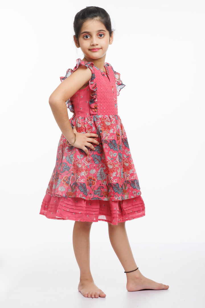 The Nesavu Girls Cotton Frock Enchanted Garden: Girls Floral Textured Cotton Frock with Flutter Sleeves Nesavu Burgundy Floral Girls Cotton Frock | Perfect for Every Occasion | The Nesavu