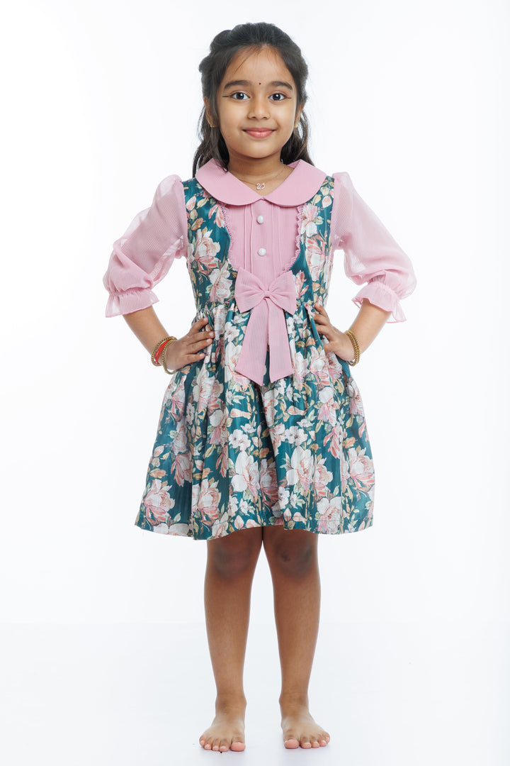 The Nesavu Girls Fancy Frock Enchanted Garden Green Floral Printed Fancy Frock for Girls Nesavu 20 (3Y) / Green / Georgette GFC1274A-20 Girls Fancy Green Floral Cotton Dress | Perfect for Summer & Occasions | The Nesavu