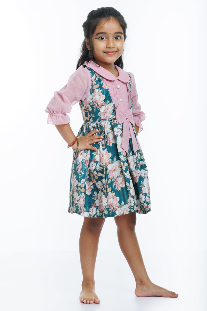 The Nesavu Girls Fancy Frock Enchanted Garden Green Floral Printed Fancy Frock for Girls Nesavu Girls Fancy Green Floral Cotton Dress | Perfect for Summer & Occasions | The Nesavu