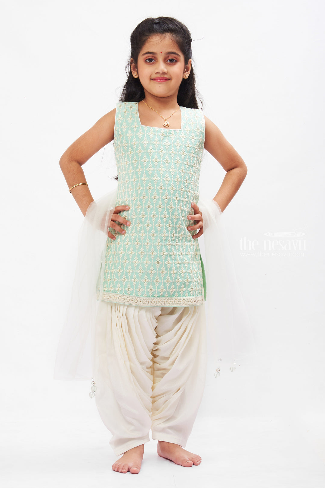 The Nesavu Girls Sharara / Plazo Set Enchanted Garden Green Kurti and Pant Set with Overcoat for Girls Nesavu Girls Green Floral Kurti Pant Set with Elegant Overcoat | Kids Festive Outfits | The Nesavu