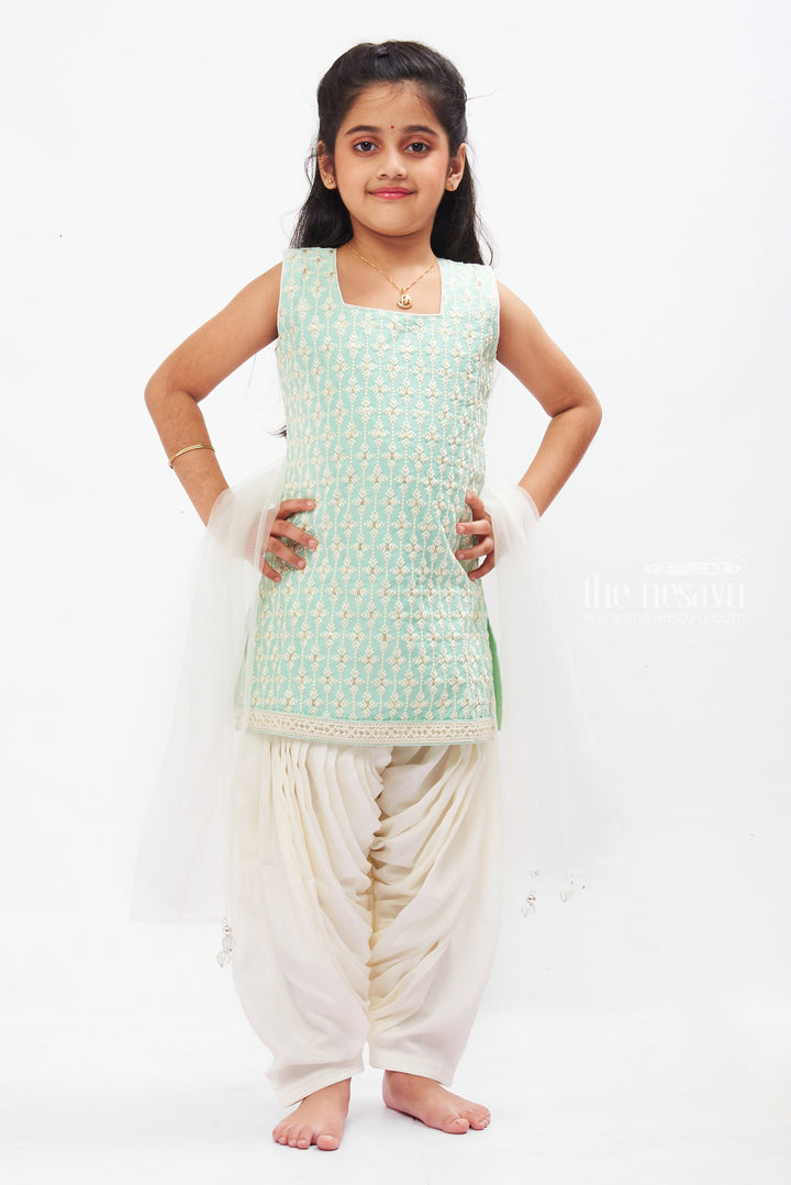 The Nesavu Girls Sharara / Plazo Set Enchanted Garden Green Kurti and Pant Set with Overcoat for Girls Nesavu Girls Green Floral Kurti Pant Set with Elegant Overcoat | Kids Festive Outfits | The Nesavu