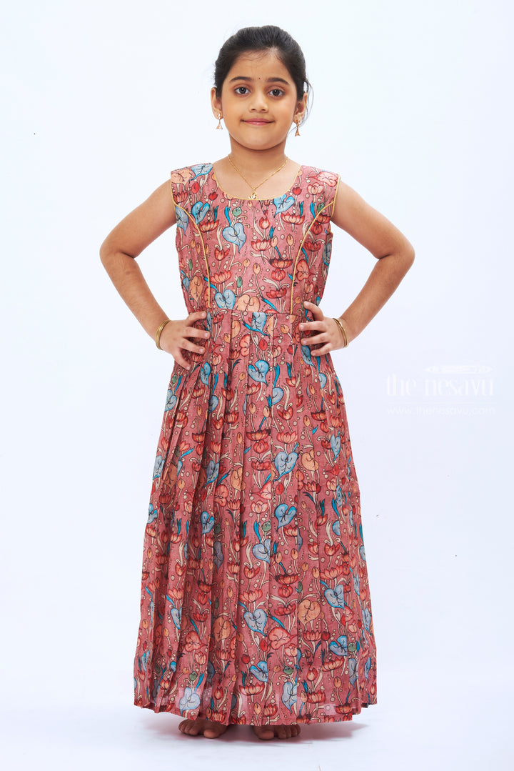 The Nesavu Girls Silk Gown Enchanted Garden: Mauve Anarkali Gown with Delicate Kalamkari Prints & Pink Overcoat Nesavu Mauve Kalamkari Printed Anarkali | Elegant Pink Overcoat Fusion | The Nesavu