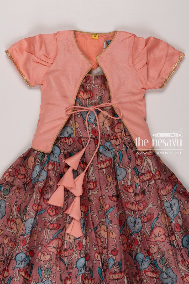 The Nesavu Girls Silk Gown Enchanted Garden: Mauve Anarkali Gown with Delicate Kalamkari Prints & Pink Overcoat Nesavu Mauve Kalamkari Printed Anarkali | Elegant Pink Overcoat Fusion | The Nesavu