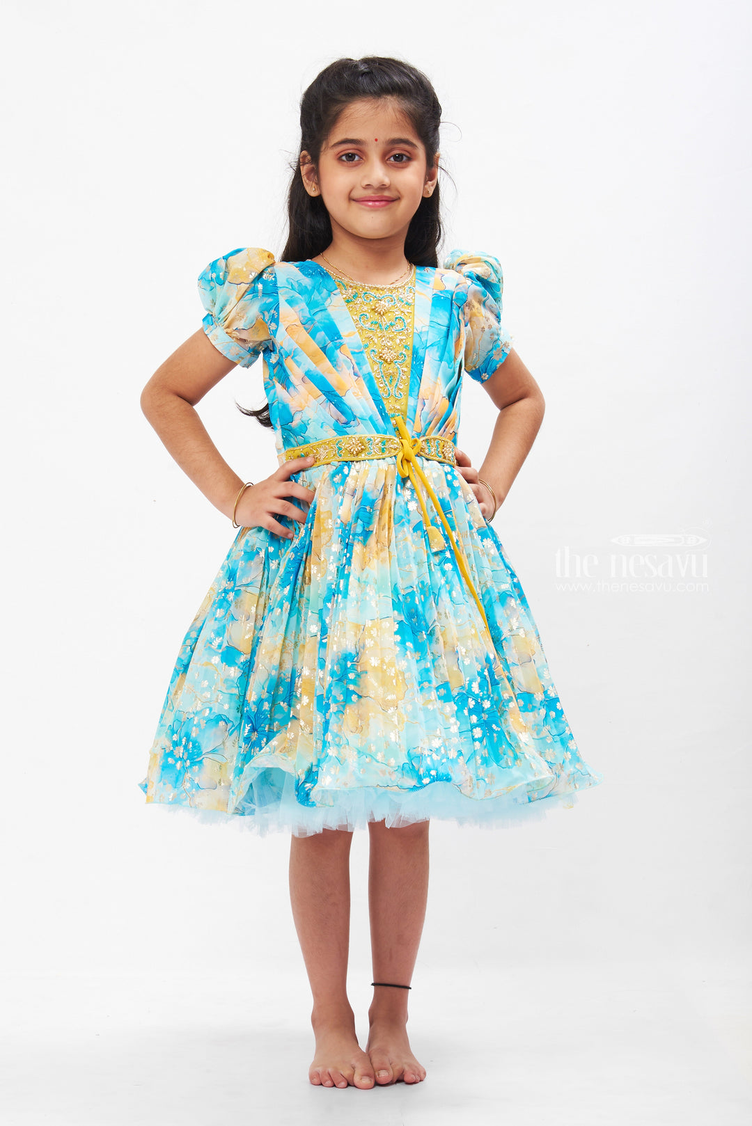 The Nesavu Silk Party Frock Enchanted Garden Silk Party Frock in Blue and Yellow Nesavu 18 (2Y) / Blue / Georgette SF746A-18 Blue & Yellow Floral Silk Frock for Girls | Stone Embroidered Party Dress | The Nesavu