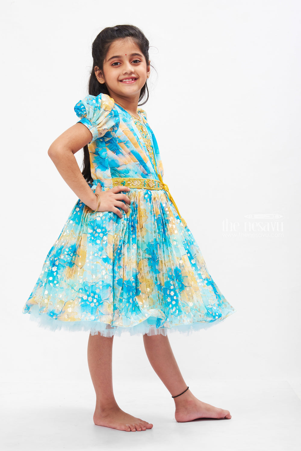 The Nesavu Silk Party Frock Enchanted Garden Silk Party Frock in Blue and Yellow Nesavu Blue & Yellow Floral Silk Frock for Girls | Stone Embroidered Party Dress | The Nesavu