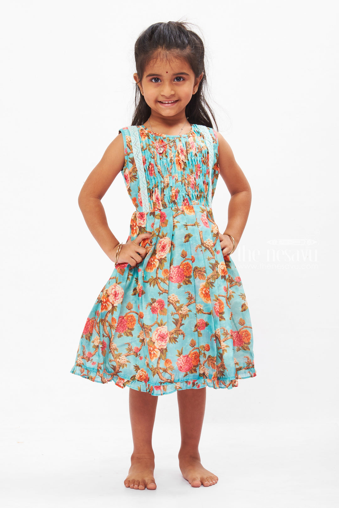 The Nesavu Girls Cotton Frock Enchanted Garden Teal Cotton Frock for Girls Nesavu 16 (1Y) / Blue / Cotton GFC1257A-16 Teal Floral Cotton Dress for Girls | Perfect Spring-Summer Outfit | The Nesavu