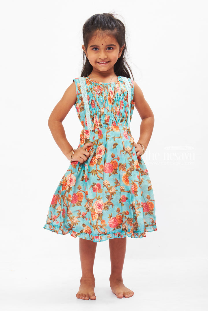 The Nesavu Girls Cotton Frock Enchanted Garden Teal Cotton Frock for Girls Nesavu 16 (1Y) / Blue / Cotton GFC1257A-16 Teal Floral Cotton Dress for Girls | Perfect Spring-Summer Outfit | The Nesavu